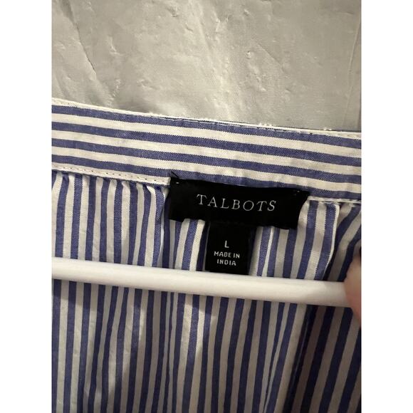 Talbots Blue White Pencil Stripe Floral Embroidered Peasant Top Sz L - Picture 4 of 10